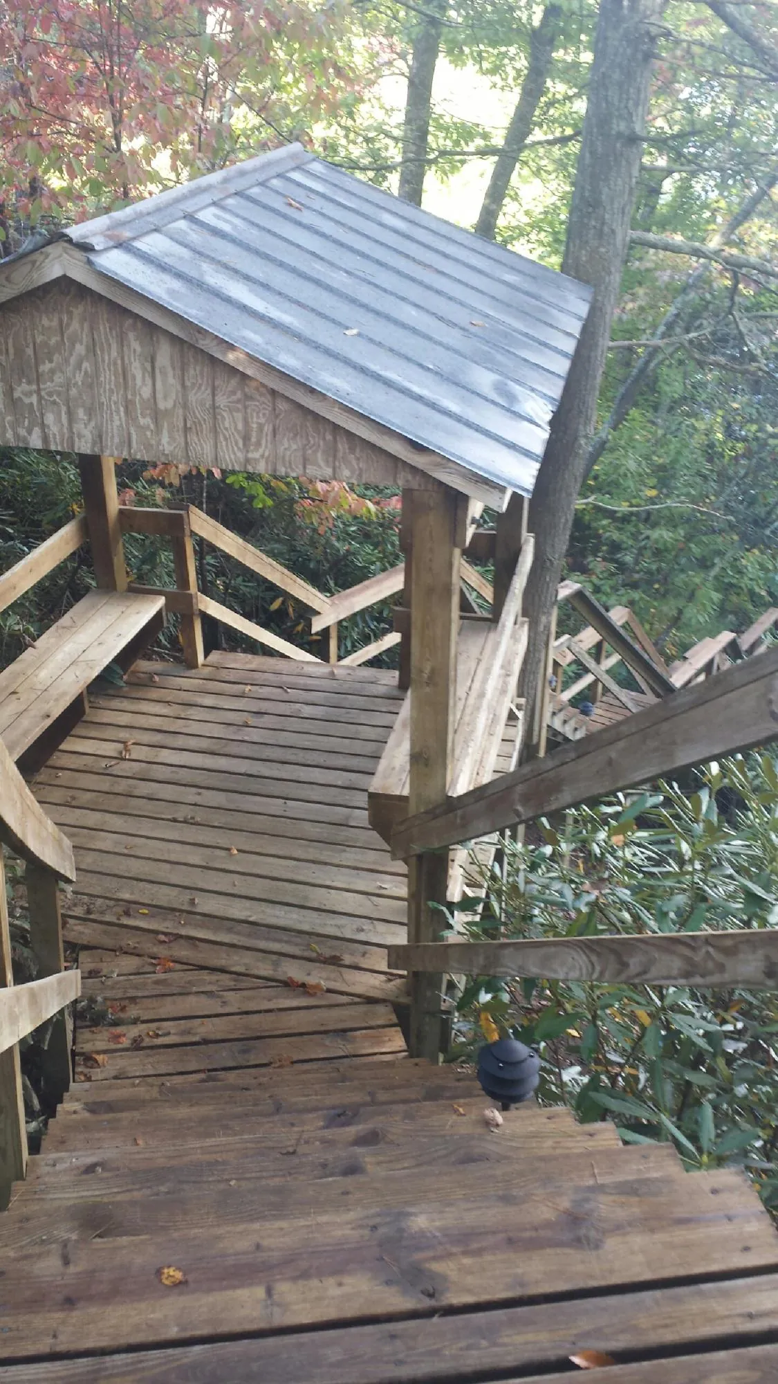 Metal roofed shelter over wooden steps on a wooded walkway — Skylight Repair & Installation work by our crew in Biggs